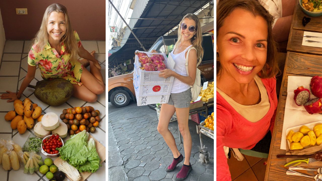 Marina sa 'Biljne ishrane' sa tropskim voćem na Tajlandu. Ova slika je deo blog objave u kojoj saznajte kako se Marina sa 'Biljne ishrane' hrani tokom time na sirovoj biljnoj ishrani.