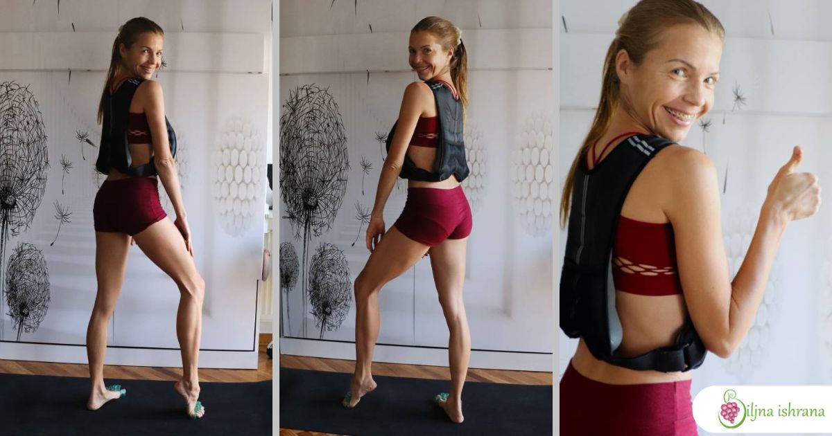 Tri slike iz različitih uglova: Marina sa Biljne ishrane nosi prsluk sa opterećenjem.