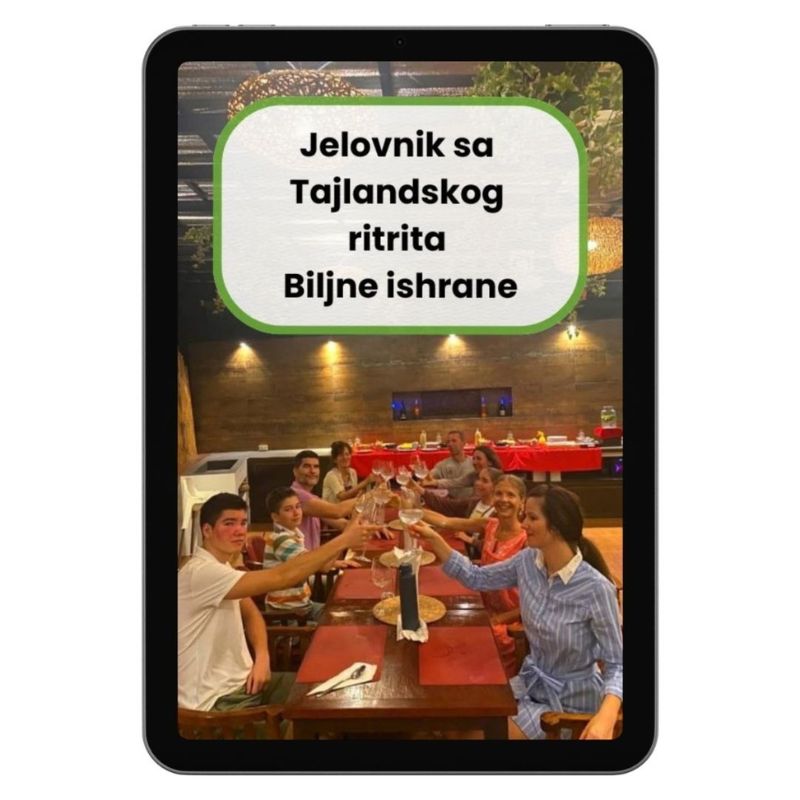 Naslovna stranica e-knjige "Jelovnik sa Tajlandskog ritrita Biljne ishrane" na tabletu.
