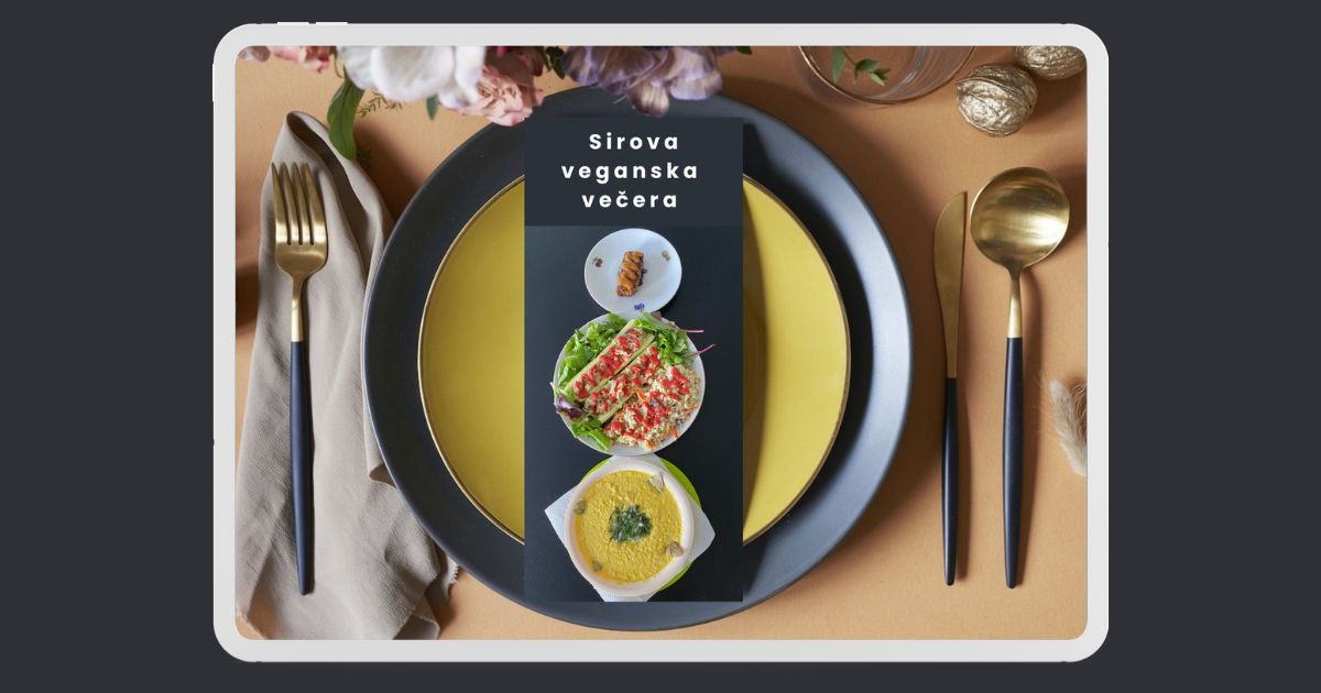 Naslovna slika e-knjige iz onlajn programa 'Kulinarski čas - Sirova veganska večera' na ekranu tableta.
