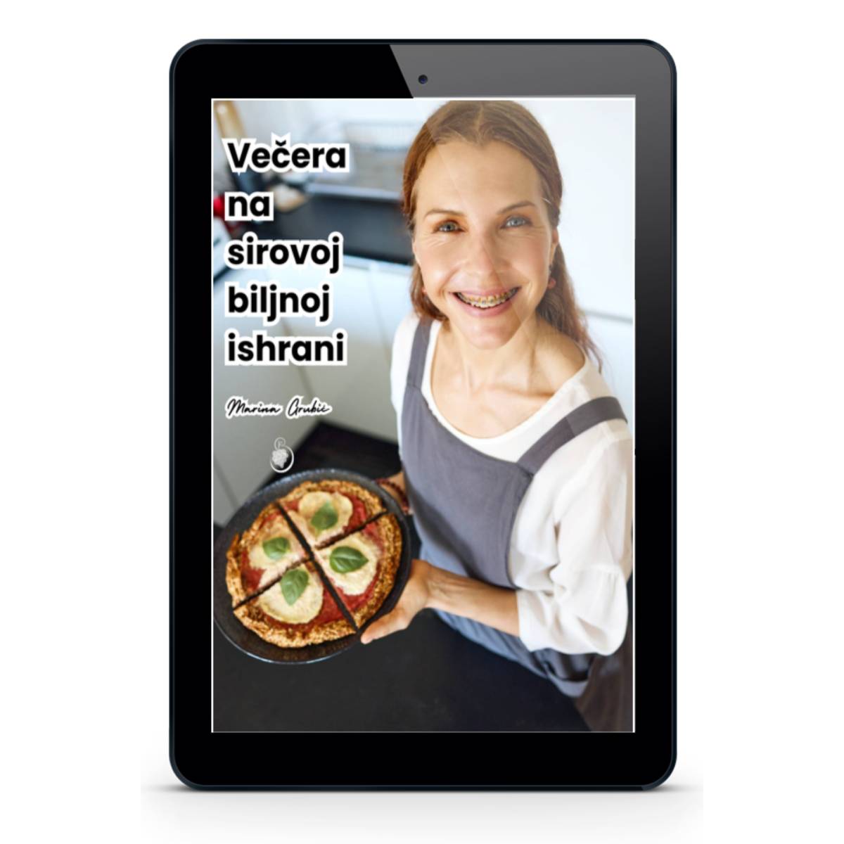 Naslovna stranica e-knjige "Večera na sirovoj biljnoj ishrani" na ekranu iPad-a.