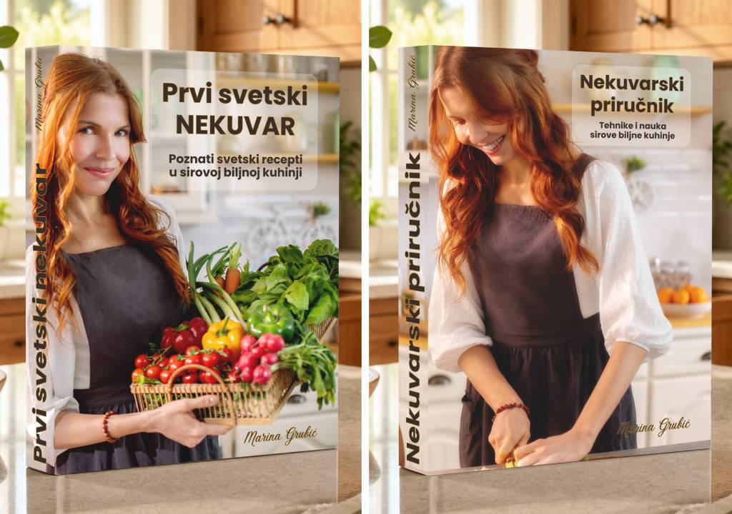 Makete knjiga "Prvi svetski nekuvar" i "Nekuvarski priručnik" stoje uspravno na kuhinjskom pultu jedna pored druge.