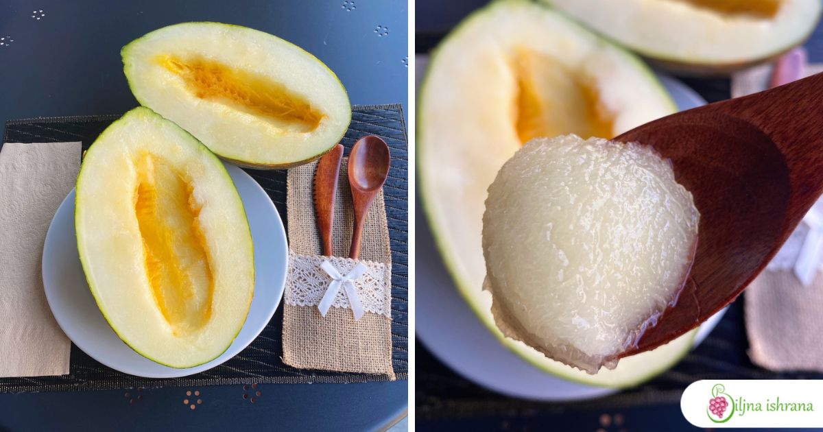 Dve slike, obe pokazuju jedan primer doručka na sirovoj ishrani - dinja Piel de Sapo. Na levoj slici vide se dve polovine dinje. Na desnoj slici vidi se izbliza meso dinje na kašici.