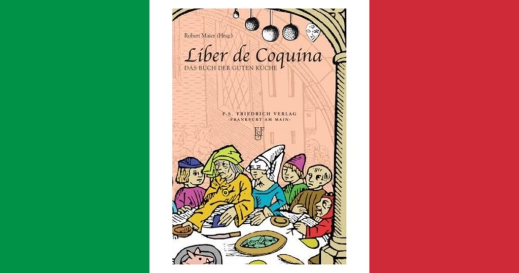 Naslovna stranica knjige italijanskih recepata iz 14. veka - 'Liber de Coquina'. U poleđini slike su boje italijanske zastave.
