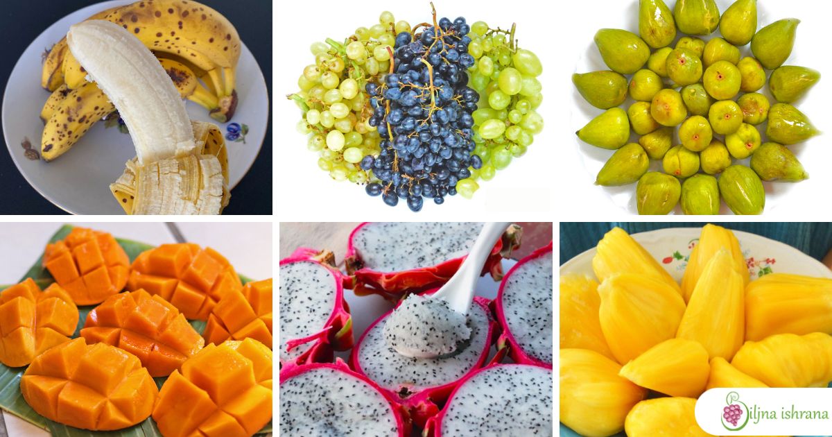 Šest različitih slika poređane u dva reda. U svakom redu ima po tri slike. Svaka slika pokazuje po jedan primer ručka na sirovoj ishrani: banane, grožđe, smokve, mango, zmajsko voće, džekfrut.