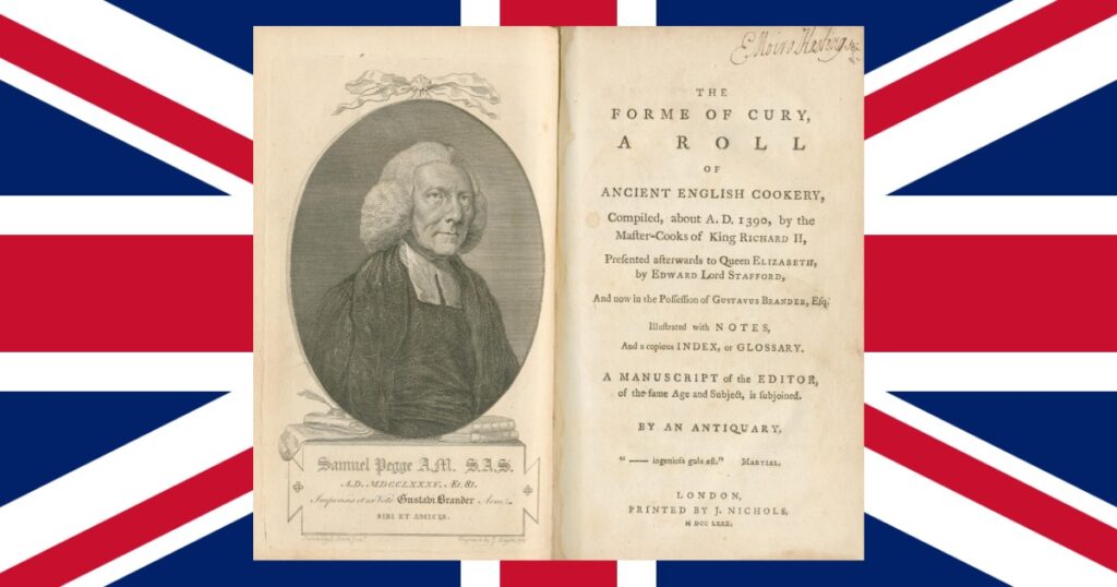 Knjiga engleskih recepata iz 14. veka - 'The Forme of Cury'. U poleđini slike su boje britanske zastave.