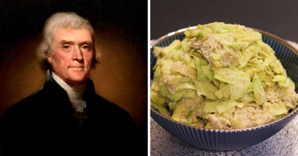 Tomas Džeferson i činija sa sirovim veganskim makaronima sa sirom.