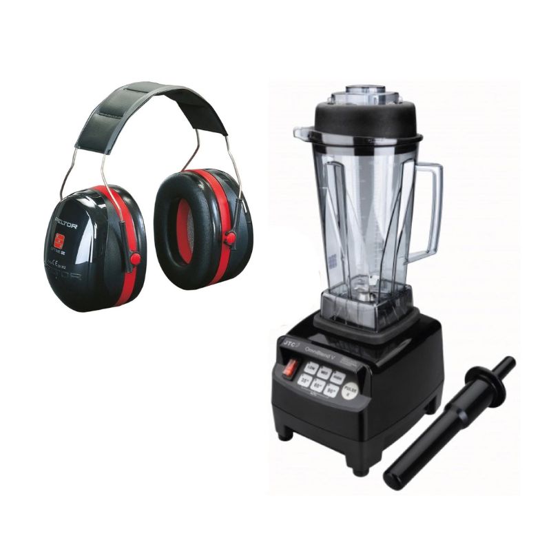 Jedan par antifona sa leve strane slike i jedan Omniblender crne boje i bokalom od 2l sa desne strane slike.