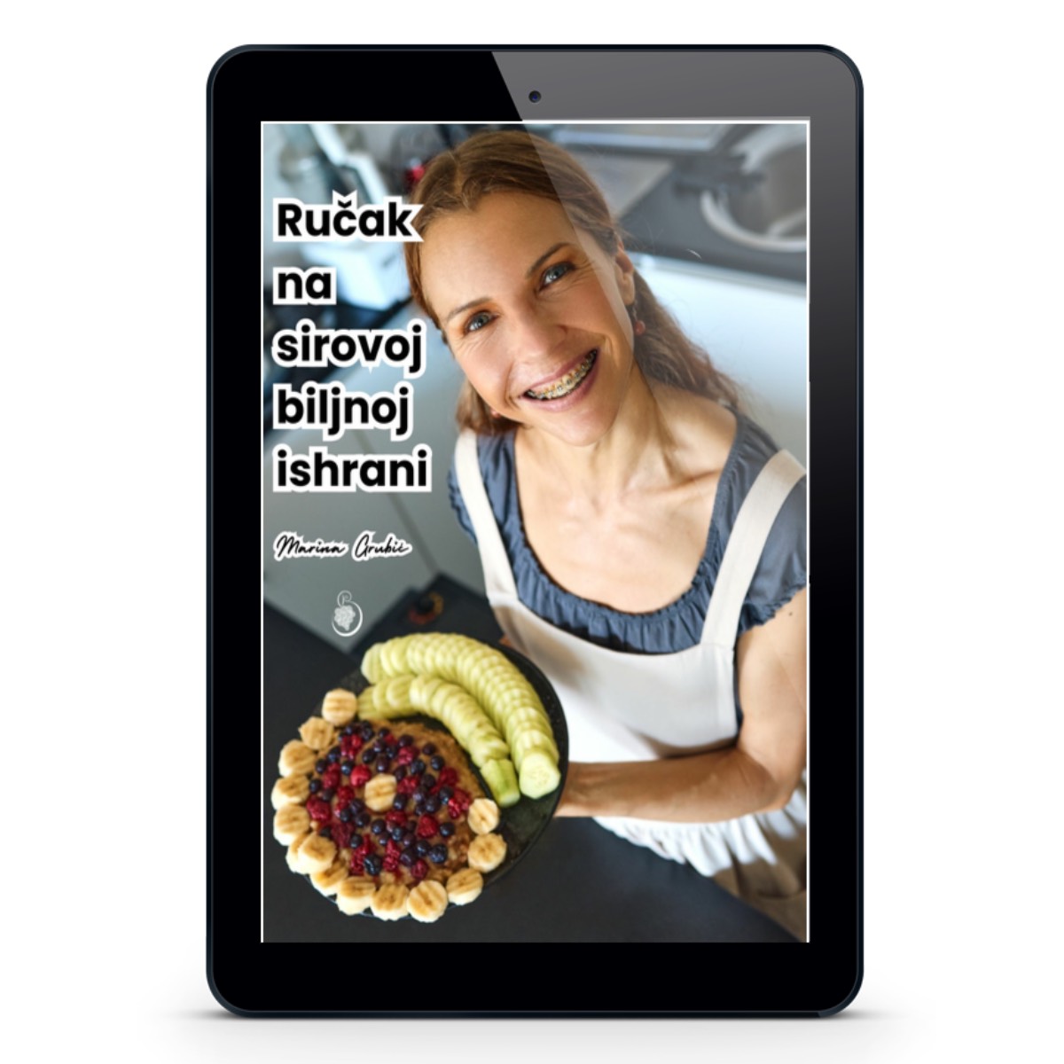 Naslovna stranica e-knjige "Ručak na sirovoj biljnoj ishrani" na ekranu iPad-a.