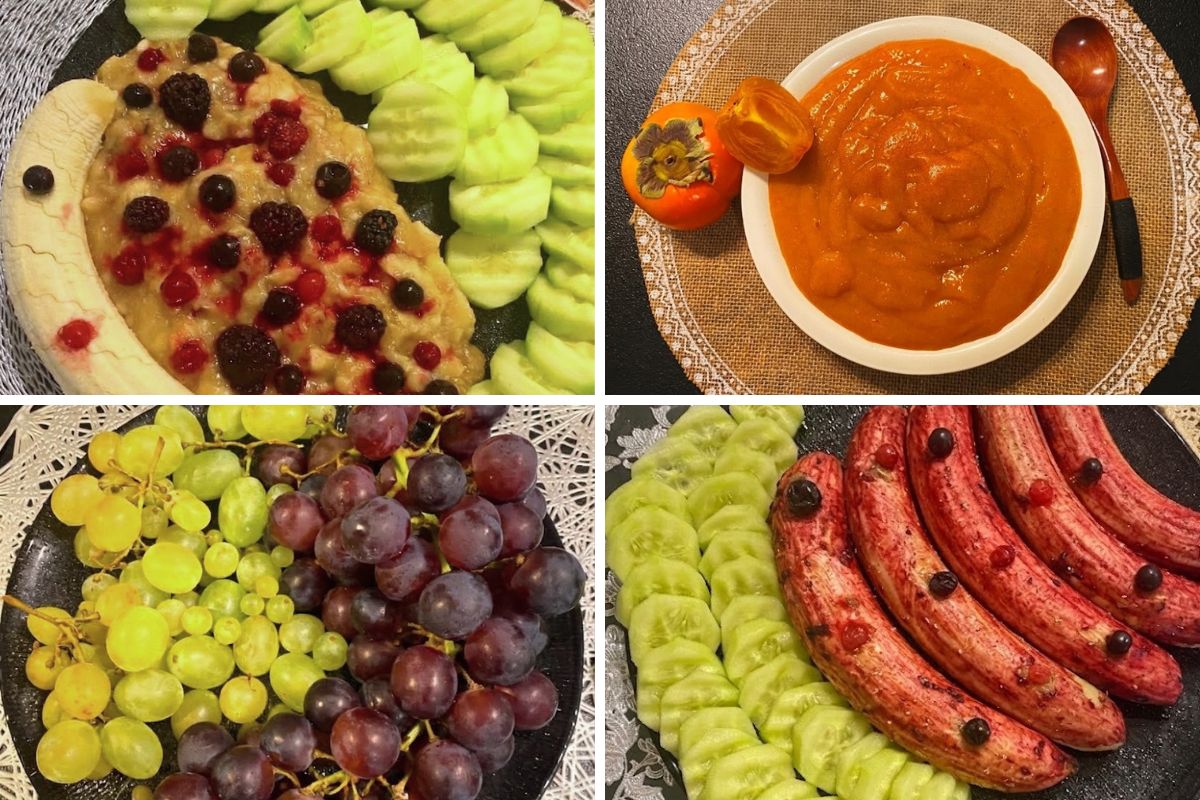 Čeitiri slike ručka na sirovoj biljnoj ishrani: kaša od banana sa bobičavim voće i krastavci, puding od japanskih jabuka, grožđe, dehidrirane banane sa bobičavim voćem i krastavcima.